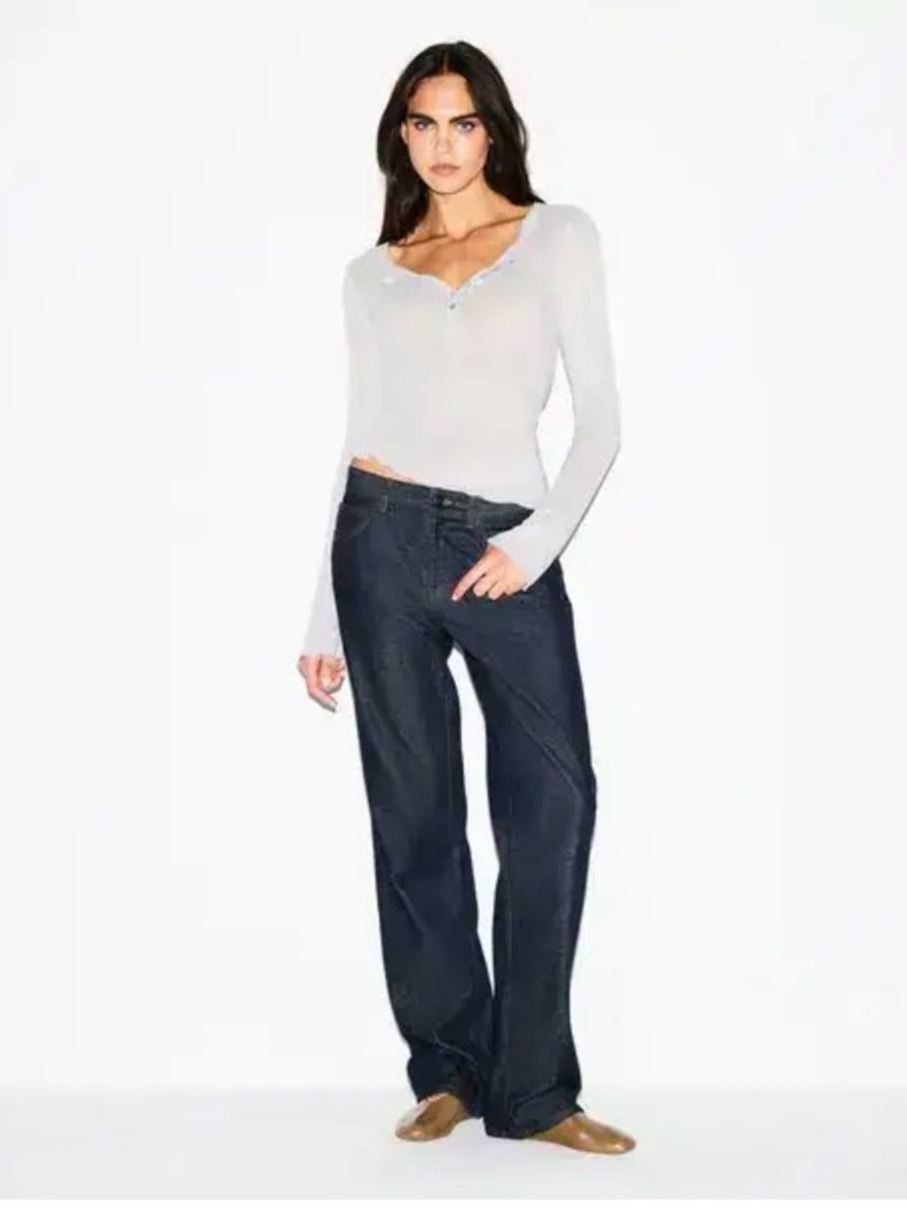 SKIMS Long Sleeve Ribbed Henley Top in White